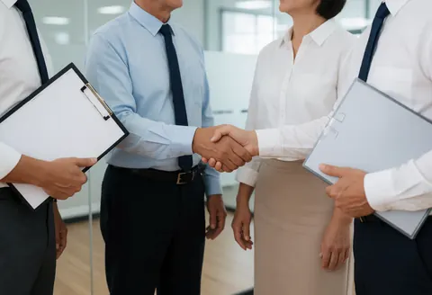 Un avocat et son client échangent une poignée de main dans un bureau moderne avec des dossiers, vêtus de costumes formels.
