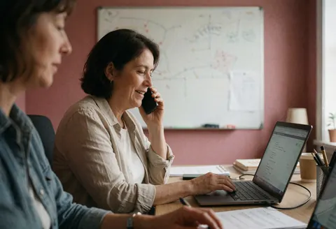 Agent de service répondant à un appel téléphonique tout en écrivant sur un ordinateur portable dans un bureau avec un mur rose et de la lumière naturelle.