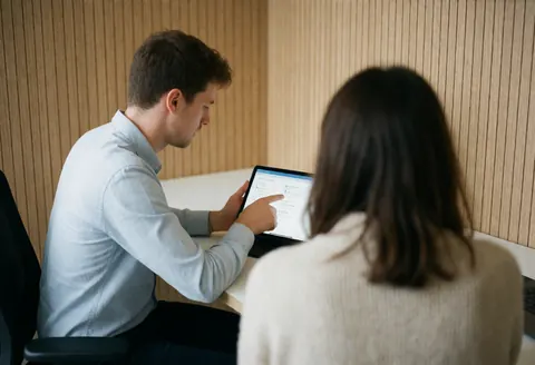 Agent en bureau moderne expliquant quelque chose sur une tablette à un client qui observe depuis l'arrière, murs clairs, lumière naturelle, ambiance professionnelle.