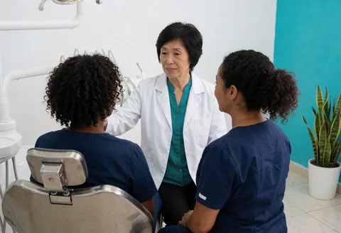 Dentiste en blouse blanche assisté d'un collègue soigne un patient allongé sur un fauteuil dentaire devant un mur turquoise.