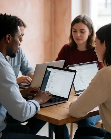 Trois personnes utilisent des ordinateurs portables dans un bureau aux murs en terre cuite, favorisant une ambiance collaborative et concentrée pour planifier des projets.