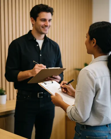 Deux employés en réception signent des documents avec des presse-papiers, souriant et conversant dans un environnement professionnel et convivial.