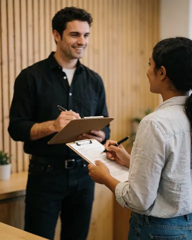 Deux employés en réception signent des documents avec des presse-papiers, souriant et conversant dans un environnement professionnel et convivial.