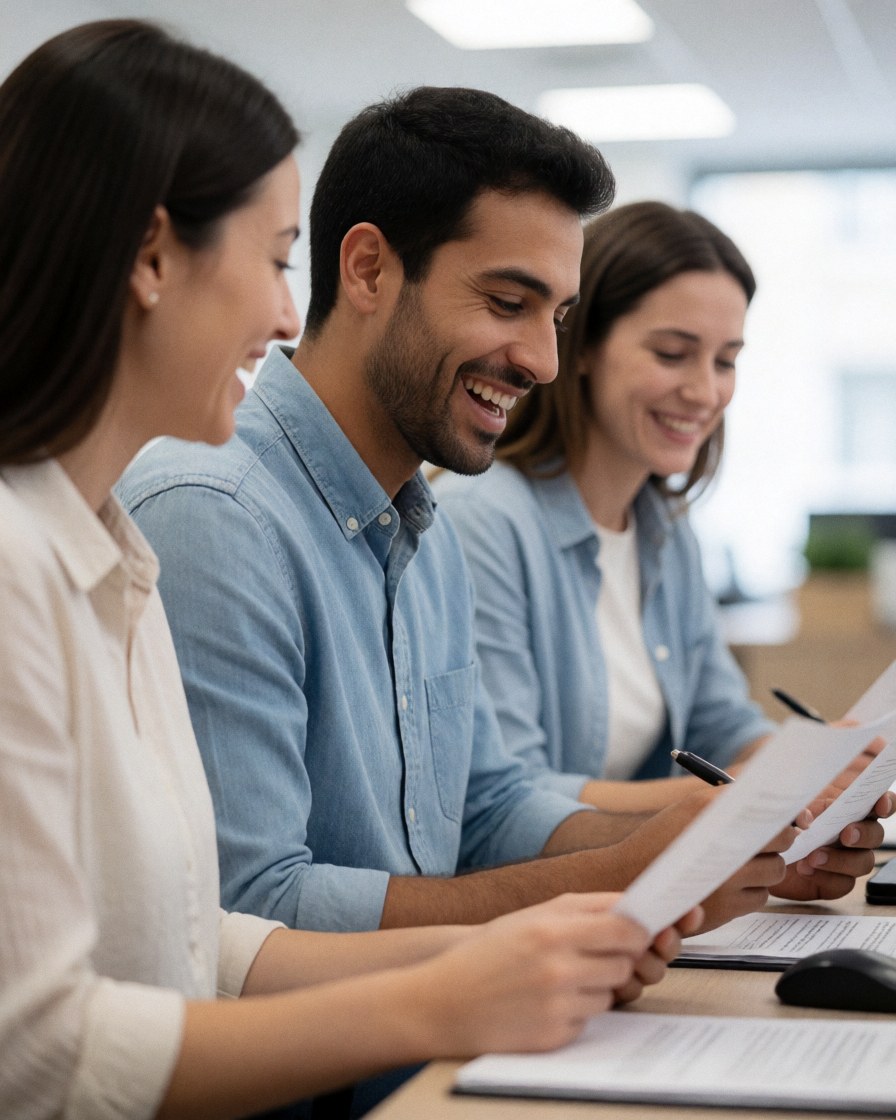 Trois agents du service client dans un bureau moderne vérifient des documents et sourient en travaillant en équipe, avec une lumière vive et un ordinateur sur le bureau.