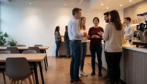 Groupe de professionnels discutant dans un espace de coworking lumineux avec tables en bois et chaises modernes.