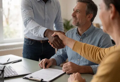 Un consultant et un client signent un document sur un bureau avec ordinateur et stylo dans un bureau professionnel et chaleureux.