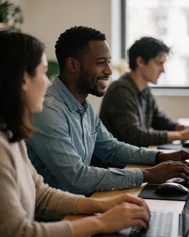 Trois personnes travaillant sur des ordinateurs dans un espace de coworking lumineux avec une ambiance professionnelle, mettant l'accent sur les mains et les outils.