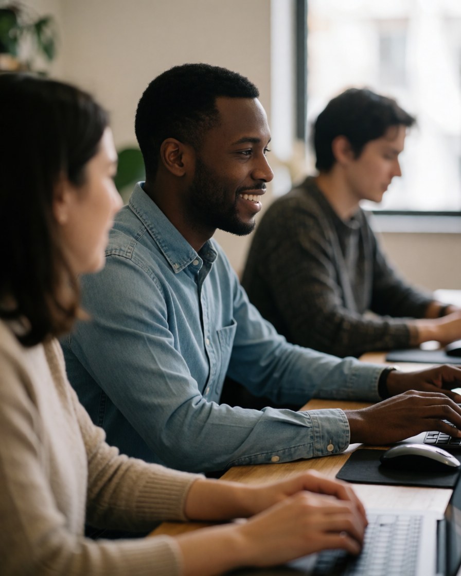 Trois personnes travaillant sur des ordinateurs dans un espace de coworking lumineux avec une ambiance professionnelle, mettant l'accent sur les mains et les outils.