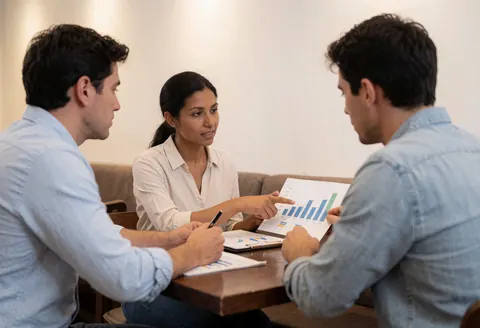 Un consultant explique un graphique à deux clients assis à une table dans un café, tous concentrés sur la présentation de données.