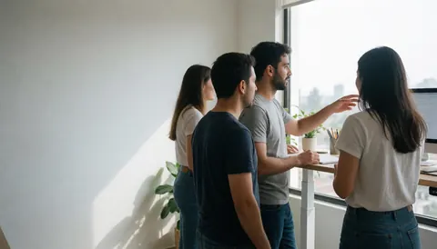 Trois professionnels discutant d'un projet autour d'une table dans un bureau lumineux avec vue sur la ville.