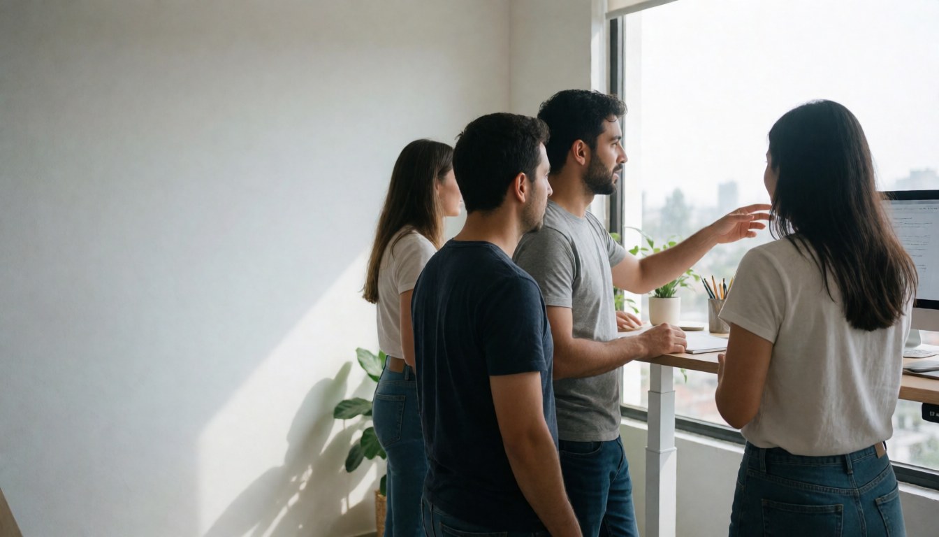 Trois professionnels discutant d'un projet autour d'une table dans un bureau lumineux avec vue sur la ville.