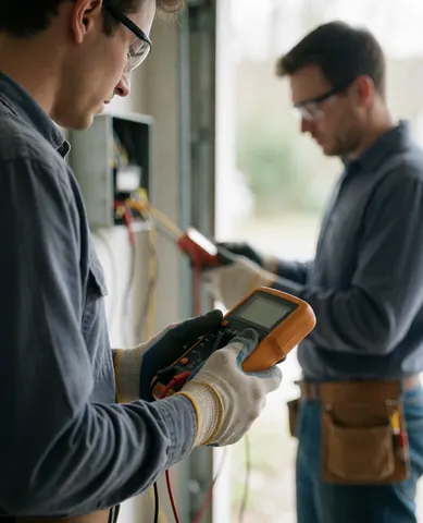 Un jeune électricien professionnel effectuant des mesures électriques avec un multimètre dans un environnement de travail.