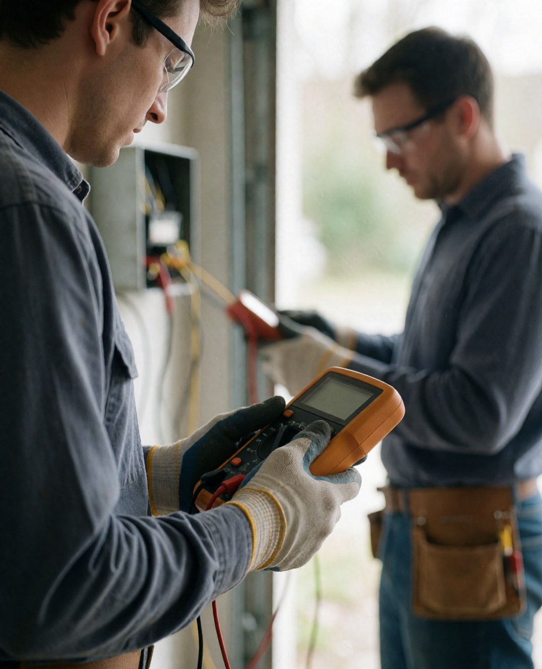 Un jeune électricien professionnel effectuant des mesures électriques avec un multimètre dans un environnement de travail.
