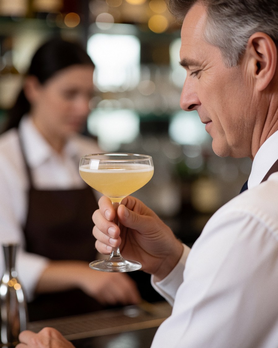 Un homme profite d'un cocktail dans un bar luxueux avec une serveuse en arrière-plan, illustrant un service professionnel et une ambiance raffinée.