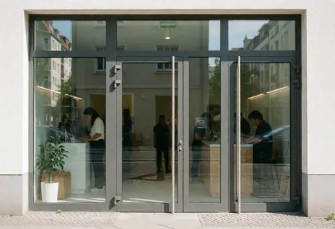 Façade d'un bâtiment contemporain aux lignes épurées, portes en verre transparent reflétant la rue, intérieur lumineux où des collaborateurs travaillent dans un espace professionnel et accueillant.