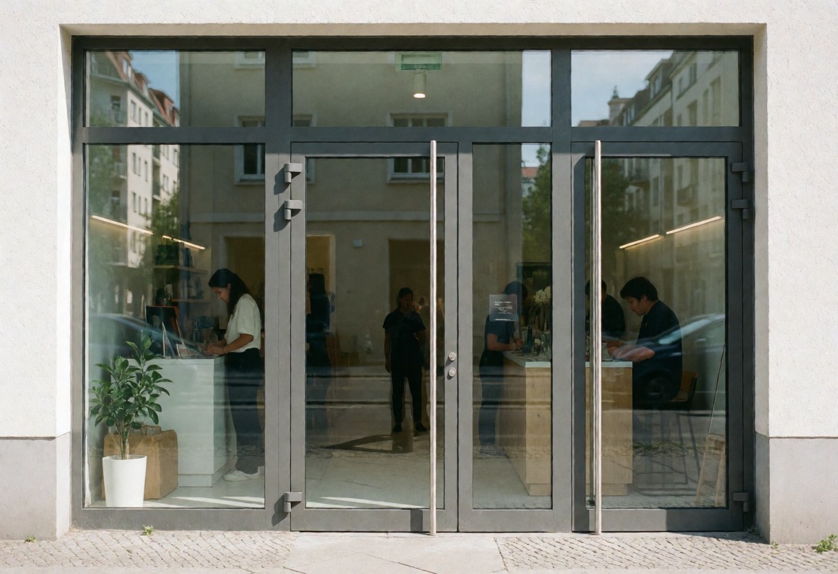Façade d'un bâtiment contemporain aux lignes épurées, portes en verre transparent reflétant la rue, intérieur lumineux où des collaborateurs travaillent dans un espace professionnel et accueillant.