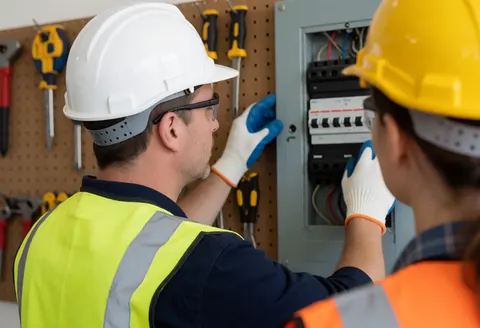 Un électricien en casque et gilet de sécurité manipule des composants électriques dans un garage bien éclairé, avec des outils visibles en arrière-plan.