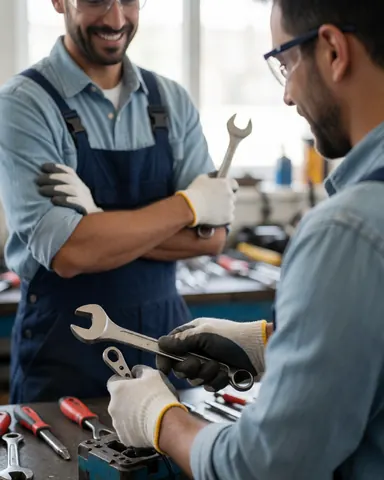 Un technicien souriant se tient dans un atelier avec des outils et des équipements de réparation.