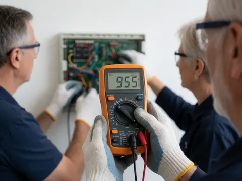 Un électricien portant des gants et des lunettes de sécurité mesure la tension sur un panneau électrique avec un multimètre numérique affichant 955 volts.