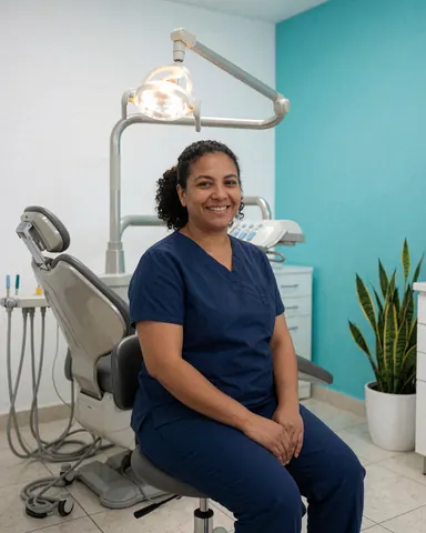 Une dentiste souriante dans sa clinique, équipée d'une chaise dentaire, d'un éclairage adapté et de plantes, offrant un environnement propre et professionnel.