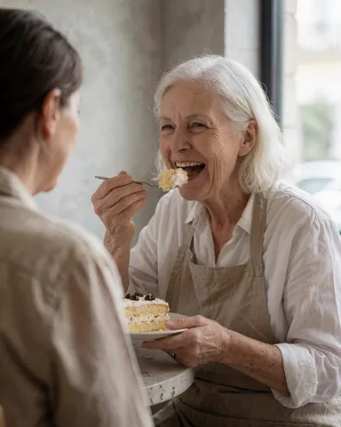 Une femme âgée aux cheveux blancs, portant un tablier, mange un morceau de gâteau avec une cuillère en souriant près d'une fenêtre.