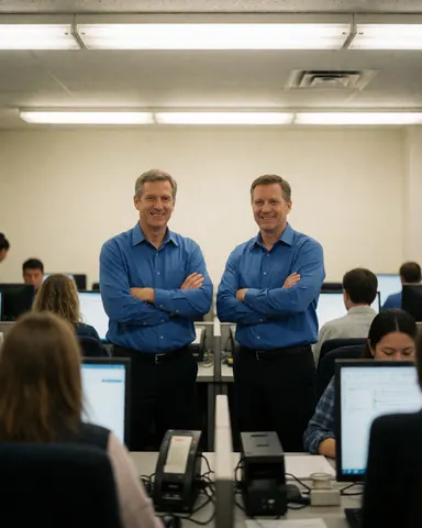 Deux agents de centre d'appels souriants en chemises bleues, debout dans un bureau moderne avec ordinateurs et écrans.
