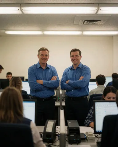 Deux agents de centre d'appels souriants en chemises bleues, debout dans un bureau moderne avec ordinateurs et écrans.