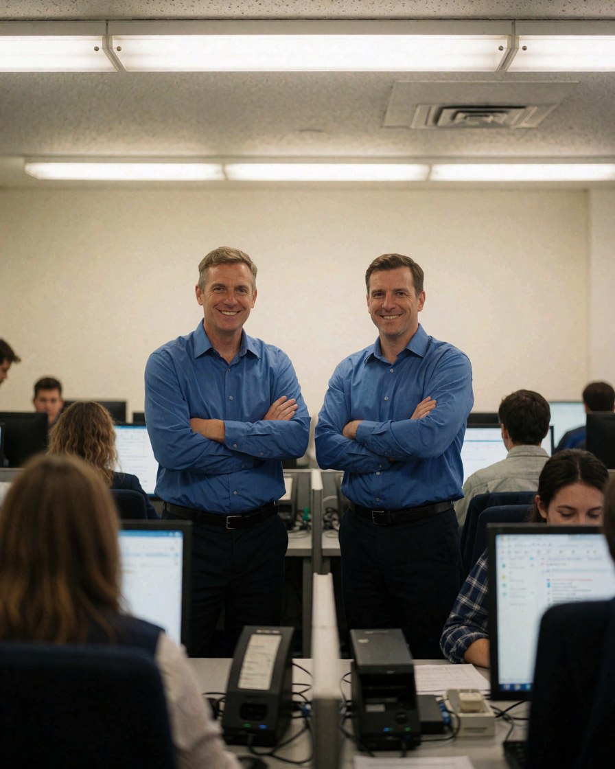 Deux agents de centre d'appels souriants en chemises bleues, debout dans un bureau moderne avec ordinateurs et écrans.