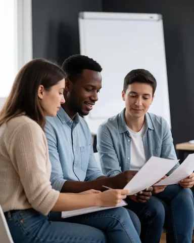 Collaboration professionnelle lors d'une réunion de travail avec documents et tableau blanc