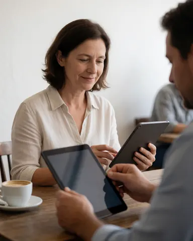 Un client heureux utilise une tablette dans un café détendu, tandis qu'un employé lui montre quelque chose à l'écran.