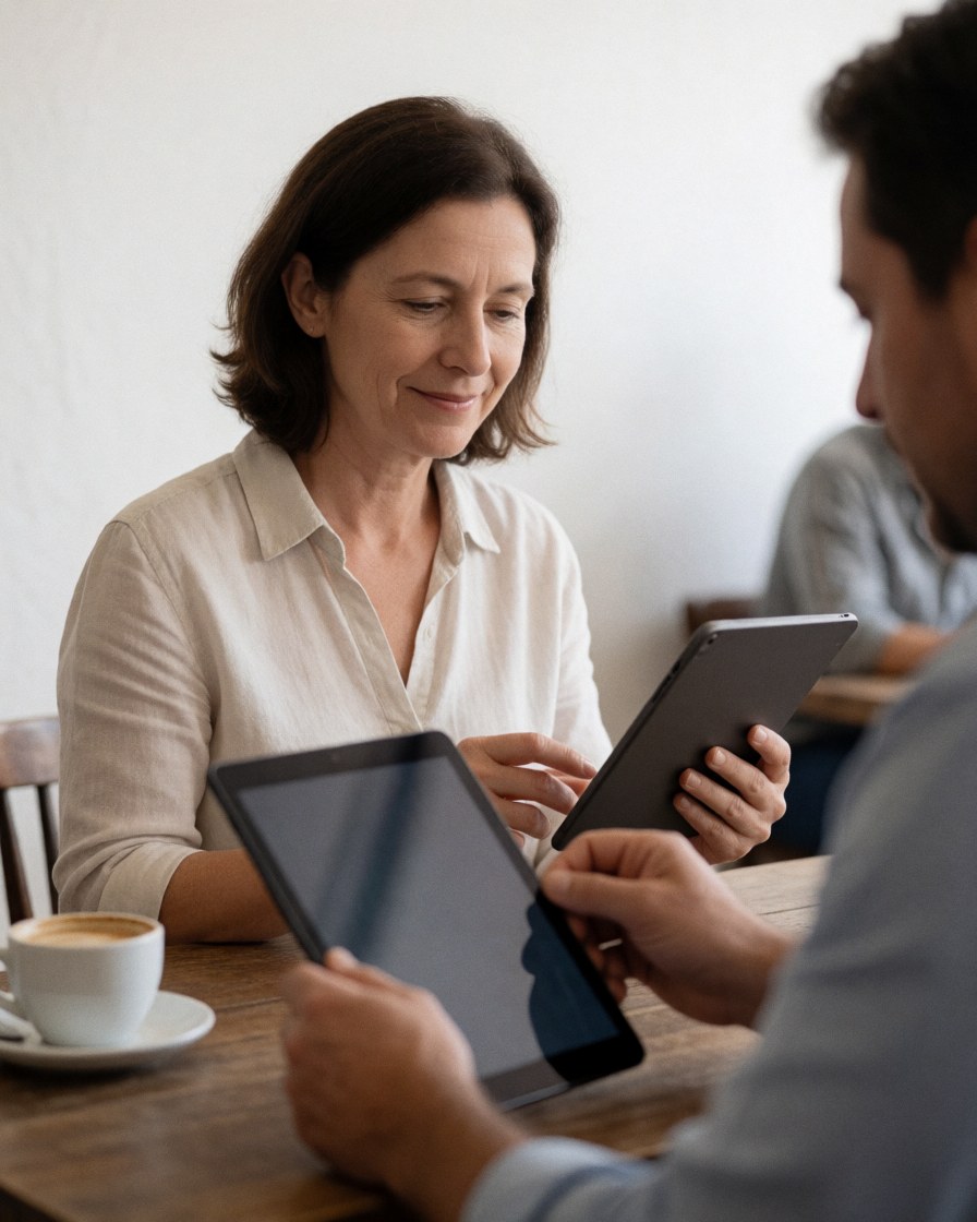 Un client heureux utilise une tablette dans un café détendu, tandis qu'un employé lui montre quelque chose à l'écran.