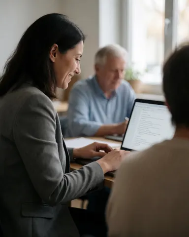 Une consultante souriante travaille sur son ordinateur portable dans un bureau moderne avec lumière naturelle pendant qu'un client l'observe attentivement.