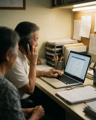 Chef d'entreprise discutant au téléphone tout en travaillant sur son ordinateur portable dans son bureau, entouré de papiers et d'outils de travail.