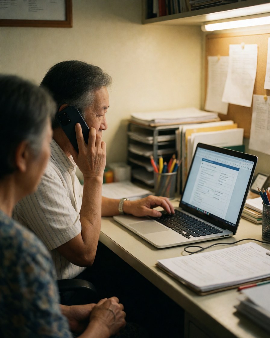 Chef d'entreprise discutant au téléphone tout en travaillant sur son ordinateur portable dans son bureau, entouré de papiers et d'outils de travail.