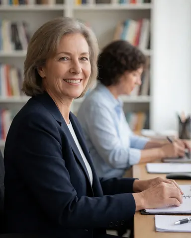 Une consultante sourit dans son bureau, entourée de livres sur des étagères, travaillant dans un cahier avec un stylo, ambiance professionnelle et chaleureuse.