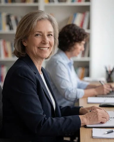 Une consultante sourit dans son bureau, entourée de livres sur des étagères, travaillant dans un cahier avec un stylo, ambiance professionnelle et chaleureuse.