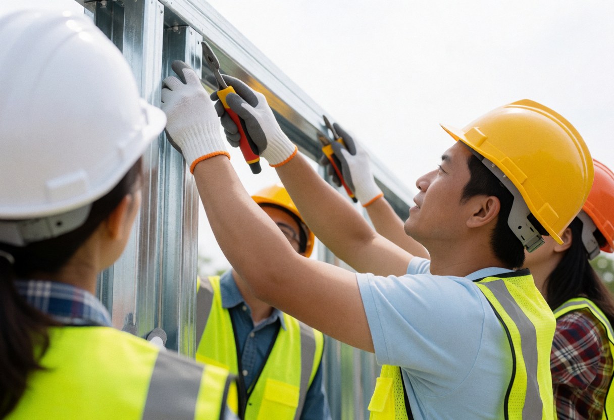 Des ouvriers en casques et gilets de sécurité assemblent une structure métallique sur un chantier en plein air sous un ciel dégagé.