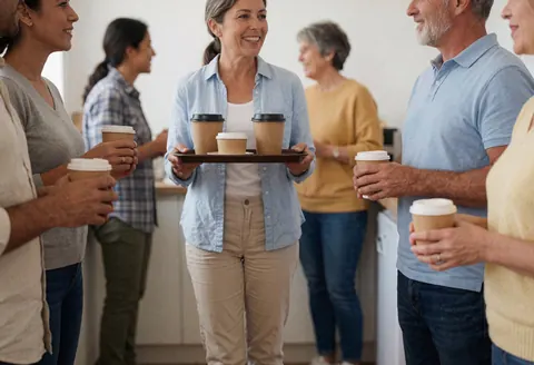 Une femme souriante sert du café dans une cuisine partagée tandis que d'autres personnes discutent, illustrant un environnement de travail collaboratif et social.