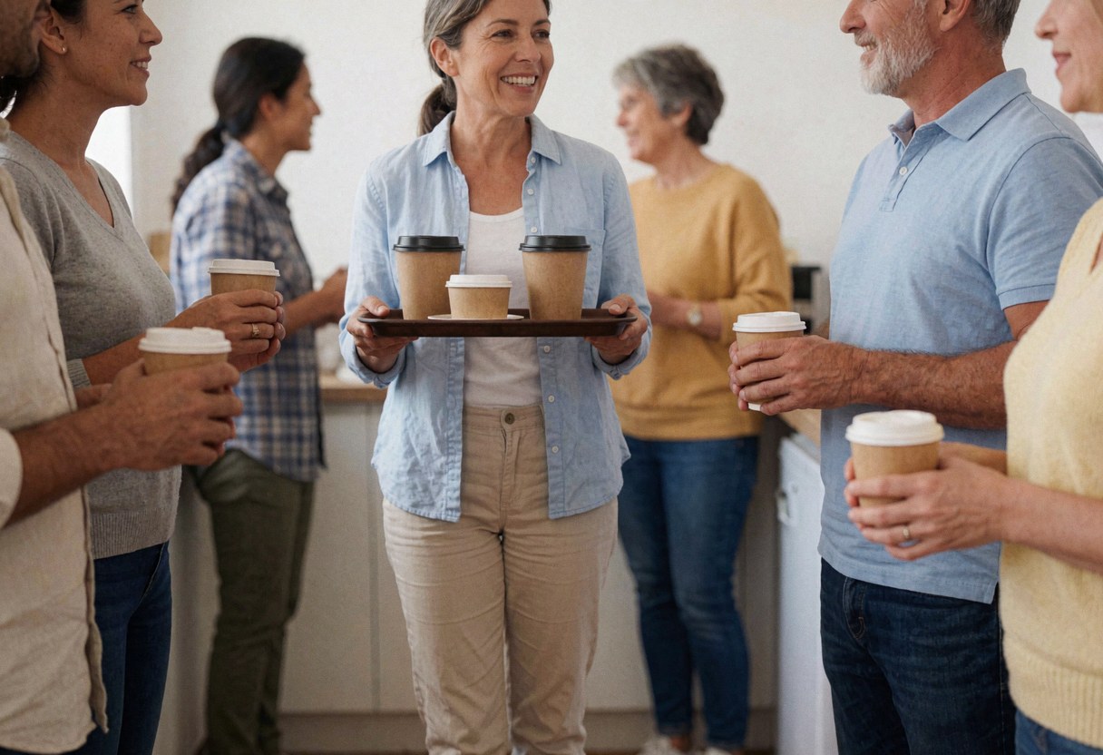 Une femme souriante sert du café dans une cuisine partagée tandis que d'autres personnes discutent, illustrant un environnement de travail collaboratif et social.