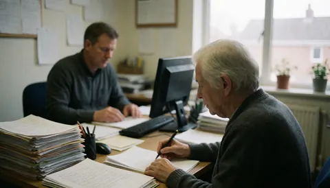 Deux comptables travaillent à leur bureau entourés de papiers et d'ordinateurs, près d'une fenêtre laissant entrer la lumière naturelle.