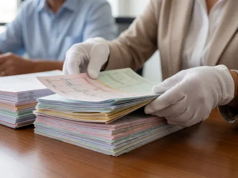 Des mains portant des gants blancs trient des piles de papiers financiers sur une table en bois dans un bureau éclairé par la lumière du matin.