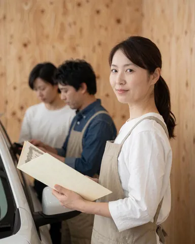 Une femme en uniforme sourit en tenant un certificat à côté d'une voiture blanche, avec deux personnes travaillant dans un atelier en arrière-plan.