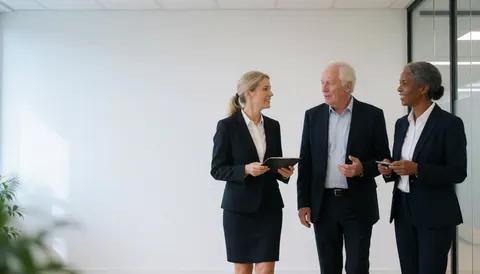Trois avocats en costume marchent et discutent dans un couloir vitré aux murs blancs, évoquant une ambiance professionnelle et dynamique.