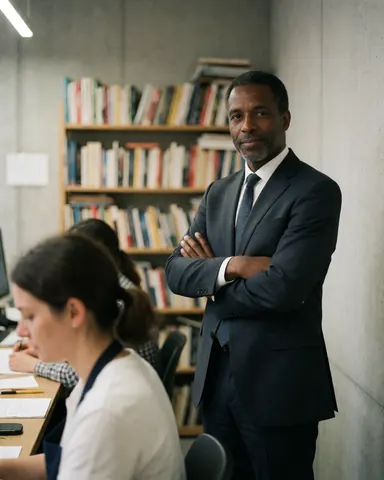 Un avocat en costume bleu se tient les bras croisés devant une étagère remplie de livres dans un bureau moderne aux murs de béton gris.