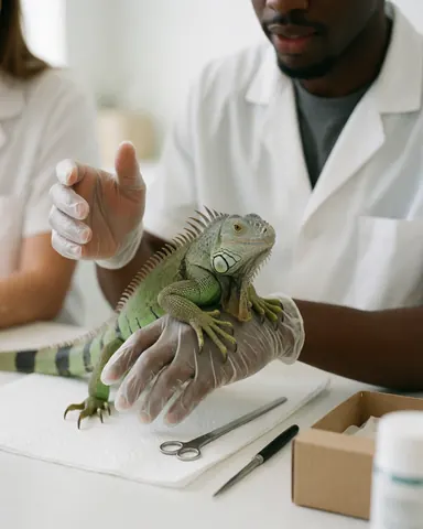 Un vétérinaire portant des gants examine un iguane vert sur une table propre avec des instruments médicaux.