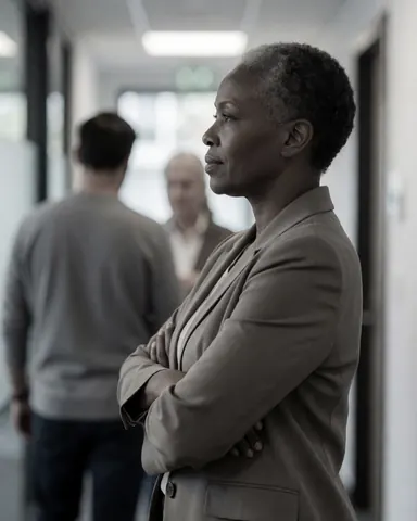 Une femme en blazer se tient les bras croisés dans un couloir moderne, regardant droit devant avec sérieux, sur fond flou.