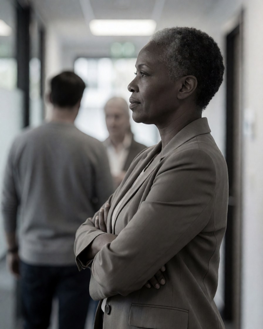 Une femme en blazer se tient les bras croisés dans un couloir moderne, regardant droit devant avec sérieux, sur fond flou.
