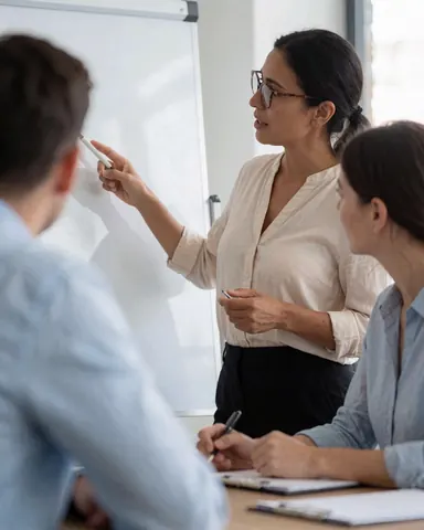 Une consultante explique un point sur un tableau blanc devant deux collègues lors d'une réunion en bureau moderne, tous concentrés avec des outils de travail visibles.