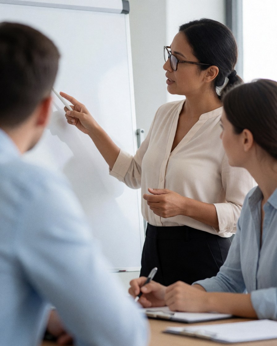 Une consultante explique un point sur un tableau blanc devant deux collègues lors d'une réunion en bureau moderne, tous concentrés avec des outils de travail visibles.