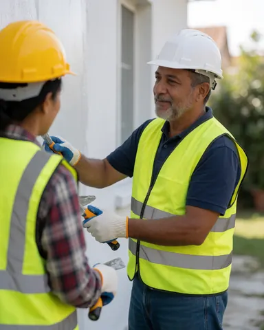 Une cliente observe attentivement l'état de la peinture sur la façade extérieure d'un bâtiment.